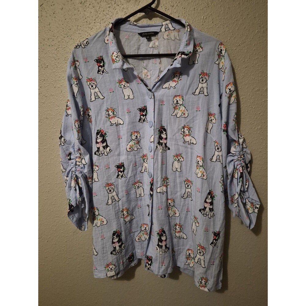 John Mark Womens XL Novelty Dog Print Shirt Wire Collar Animal Lover